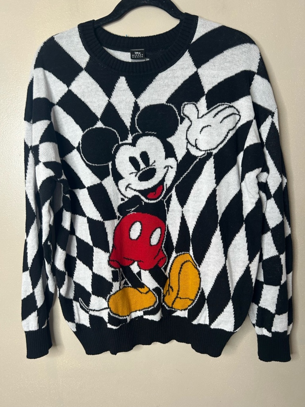 Disney Black & White Checker Mickey Crewneck Sweater with Red & Yellow Accents